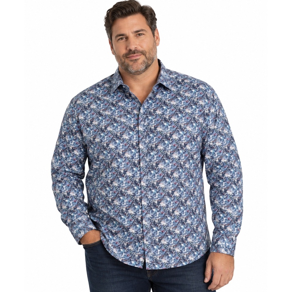 Robert Graham Modern Americana Blue Wave Print Linen Cotton Shirt Mens 2XL
